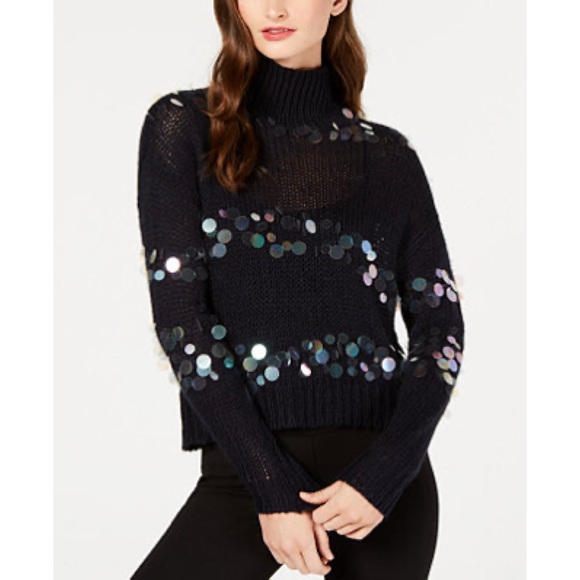 RACHEL ZOE ALPACA BLEND NAVY BLUE SEQUIN TURTLENECK TOP SWEATER SZ L - Picture 1 of 6